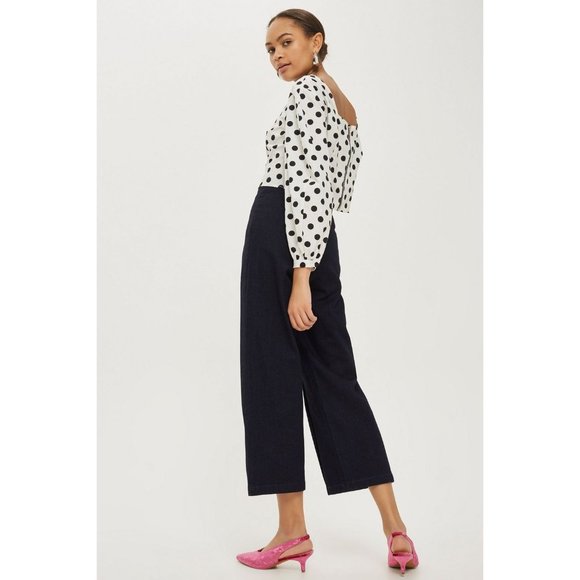 🆕TOPSHOP High Waist Tie Wide Leg Crop Jeans Dark Blue Size 28 - Picture 2 of 7